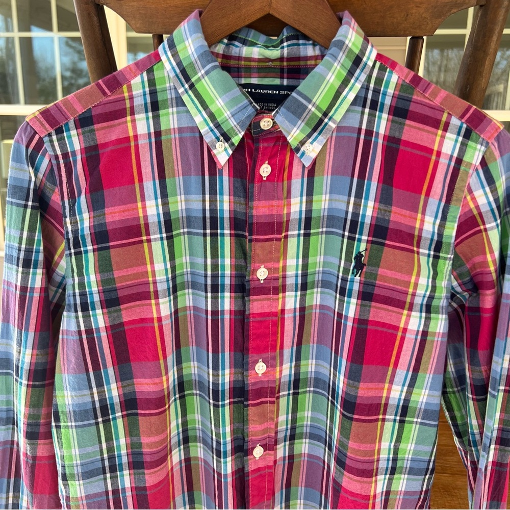 Ralph Lauren Sport Women’s Madras Plaid Pink Green Blue Button Down Shirt Sz 14